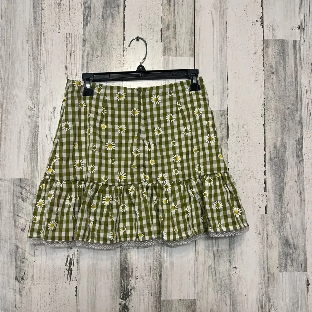 Green Gingham Daisy Print Ruffle Mini Skirt Cottagecore Size S